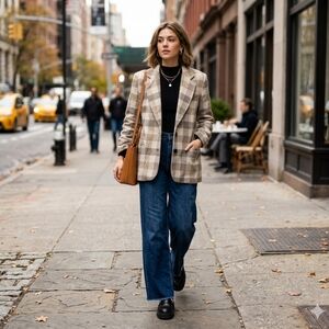 Vintage Wool Cleo Blazer Coat Womens 10 Tan Grey Plaid Acadamia Spring